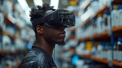 A man wearing a VR headset experiences a virtual reality demonstration of a sustainable laboratory.