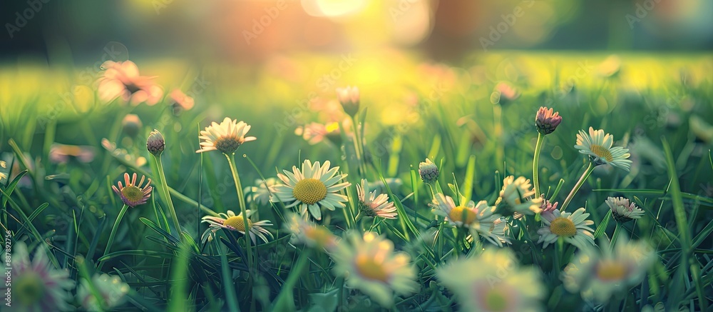 Poster artistic retro edit of beautiful spring daisies in a green grass lawn with selective focus ideal for