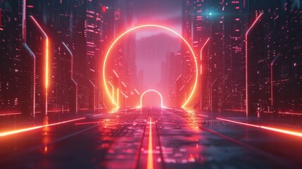 Futuristic Neon Cityscape with Glowing Arches
