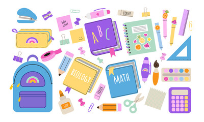 Set of school supplies. Back to school. Backpack, books, pen, pencil, ruler, pencil box, paints. Suitable for prints, cards, scrapbooking, paper crafts. Vector illustration in a flat style.