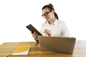 A female secretary uses a tablet, a positive office employee. Cut out