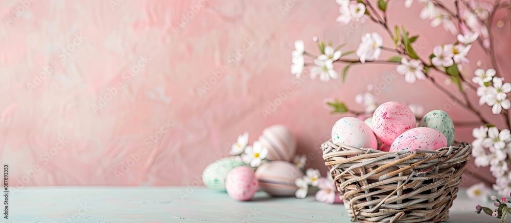 Leinwandbilder Basket with painted Easter eggs and flowers displayed in front of a soft pink backdrop with blank space for additional imagery a copy space image