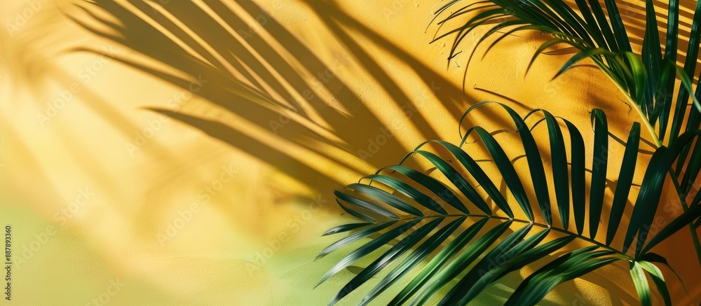 Poster summer themed copy space image with palm leaf casting shadows on a yellow and green backdrop
