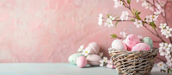 Basket with painted Easter eggs and flowers displayed in front of a soft pink backdrop with blank space for additional imagery a copy space image