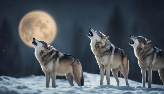 A pack of wolves howling at the moon, winter night
