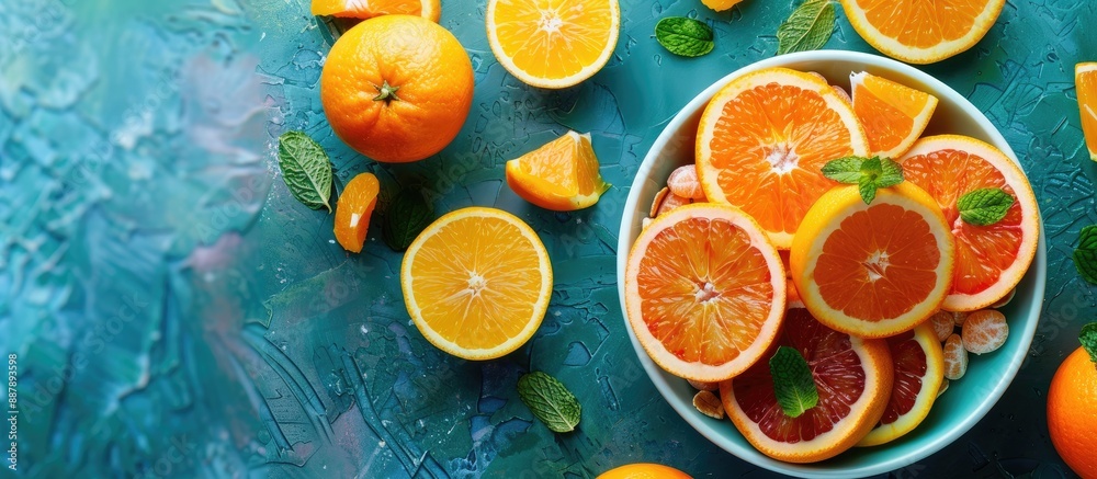 Poster Fresh oranges arranged on top of a bowl of cereals creating a colorful and appetizing display with copy space image