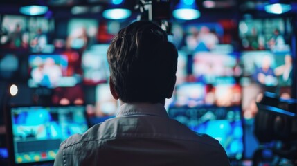 Fototapeta premium Journalists monitoring election results in a control room filled with screens, perfect for news and media marketing materials