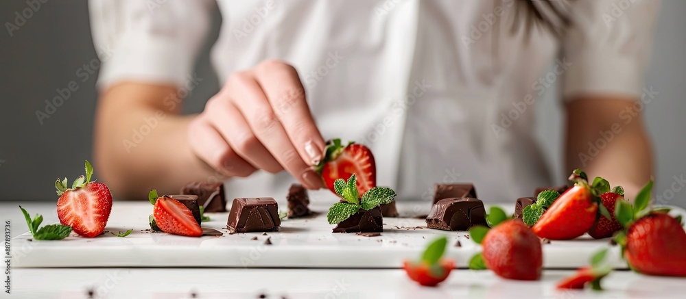 Poster a woman garnishes chocolate fudge with a sliced strawberry and mint arranged on a white table with c