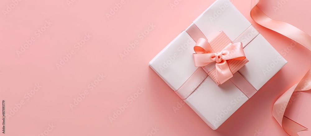Aufkleber valentine s day theme with a romantic touch flat lay with a peach colored and white gift box on a pi