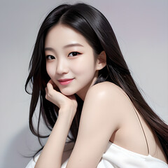 긴 생머리에 턱에 손을 대고 있는 한국 여성 모델 A-1004