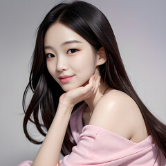 한 손을 턱에 대고 있는 분홍색 옷을 걸친 한국 여성 모델 A-1002