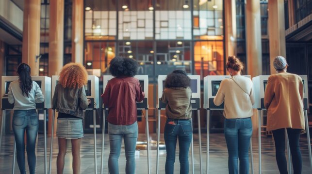 A diverse group of voters using voting machines in a modern polling station, emphasizes inclusivity and democratic participation