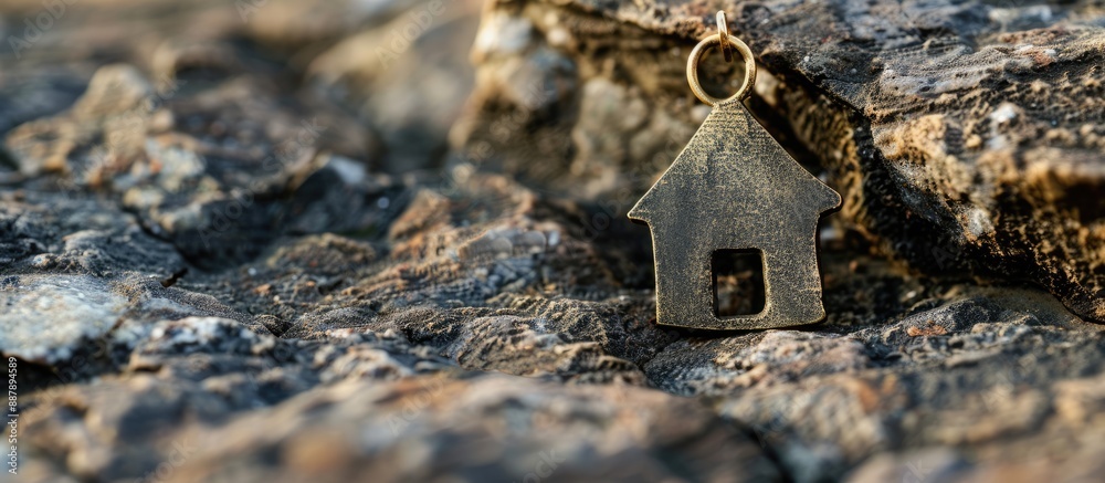 Aufkleber house shaped pendant on a natural rock surface background with a copy space image for text represent