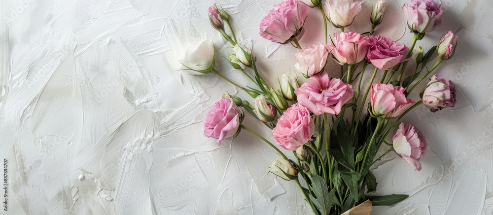 Aufkleber copy space image of a lovely arrangement with pink eustoma and lisianthus in kraft wrapping against 