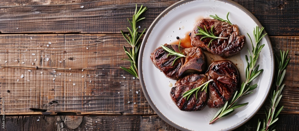 Poster top down view of a plate with cooked steaks and sprigs of rosemary on a wooden surface with a clear 