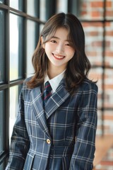 Fototapeta premium Prada Style Korean high school uniform, Korean high school girl's uniform, Korean high school, high school uniform, smile, bright expression,