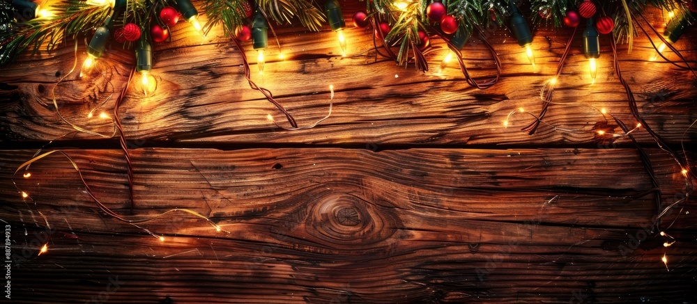 Fototapete wooden background adorned with festive christmas lights adds warmth and cheer to the setting creatin