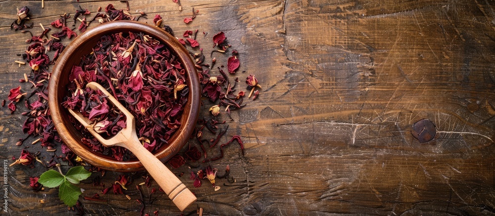 Poster wooden table with a scoop and bowl filled with dry hibiscus tea offering ample copy space image for 