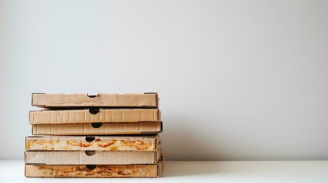 Stack of pizza boxes against white wall