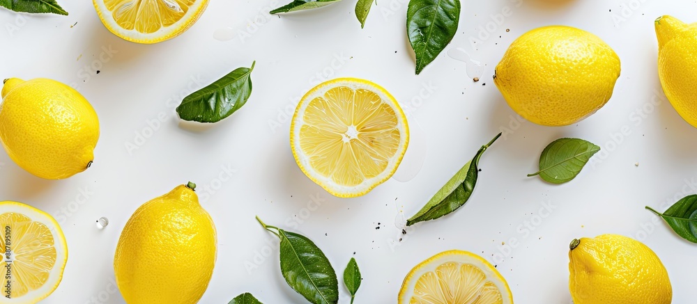 Leinwandbilder top view of whole and halved lemons with leaves on a white surface with a clear area suitable for a 