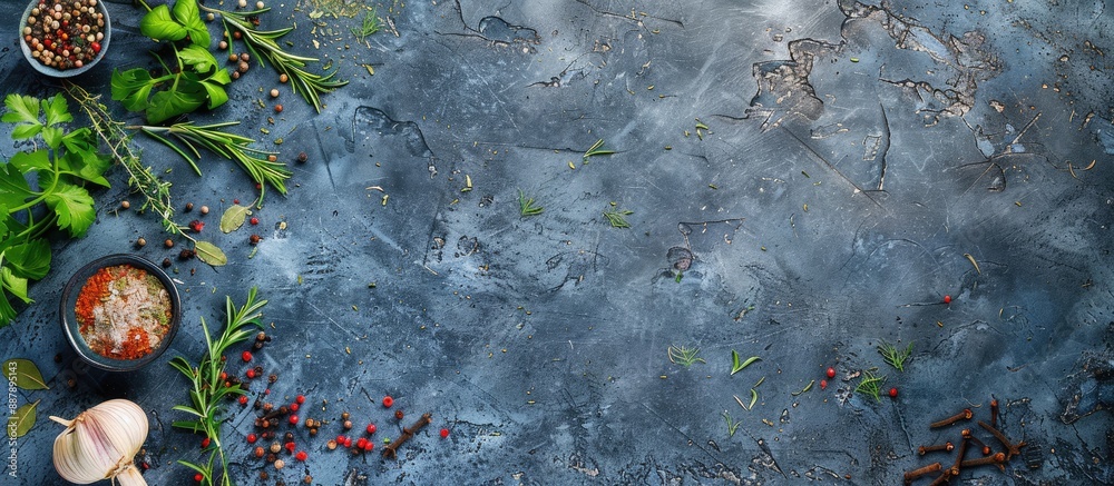 Poster top down view of herbs and spices arranged on a textured stone surface perfect for a cooking themed 
