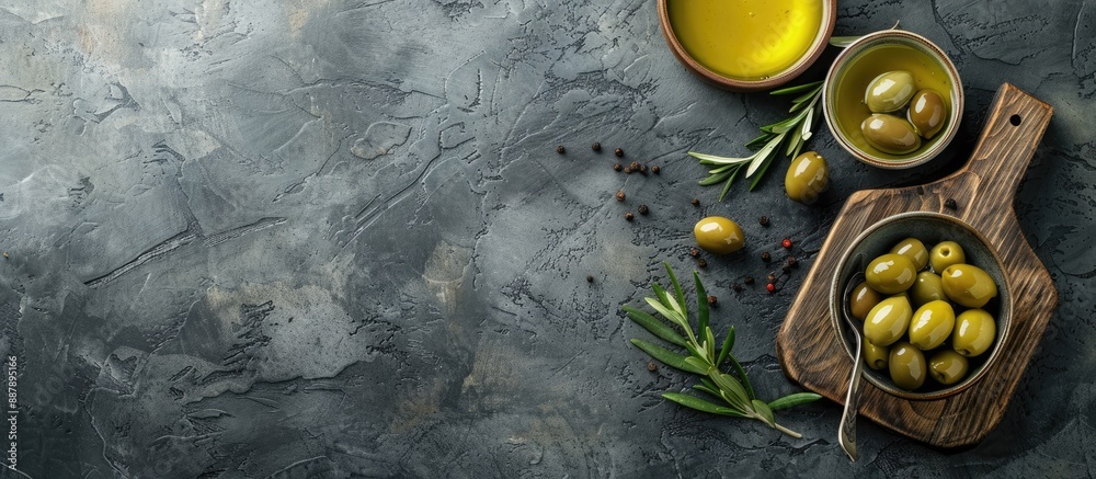 Aufkleber Olives and olive oil in bowls displayed on a cutting board with a top down view suitable for adding text or images on the blank space. with copy space image. Place for adding text or design