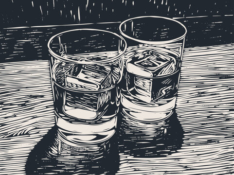 Two Old Fashioned Cocktails with ice cubes in a crystal glass. Vector illustration