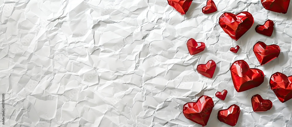 Fototapete Valentine s cards displayed on a white crumpled paper background with an area for a written message ideal for creating a copy space image mock up
