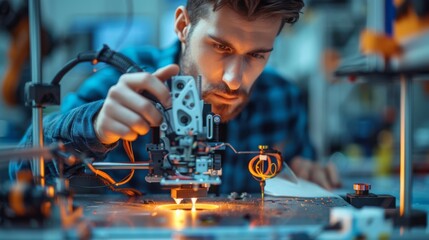 Man Operating 3D Printer in Workshop
