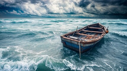 Wooden boat on rough sea