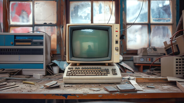 Old vintage computer with CRT monitor and keyboard in a dusty, abandoned room with other outdated electronics in the background.