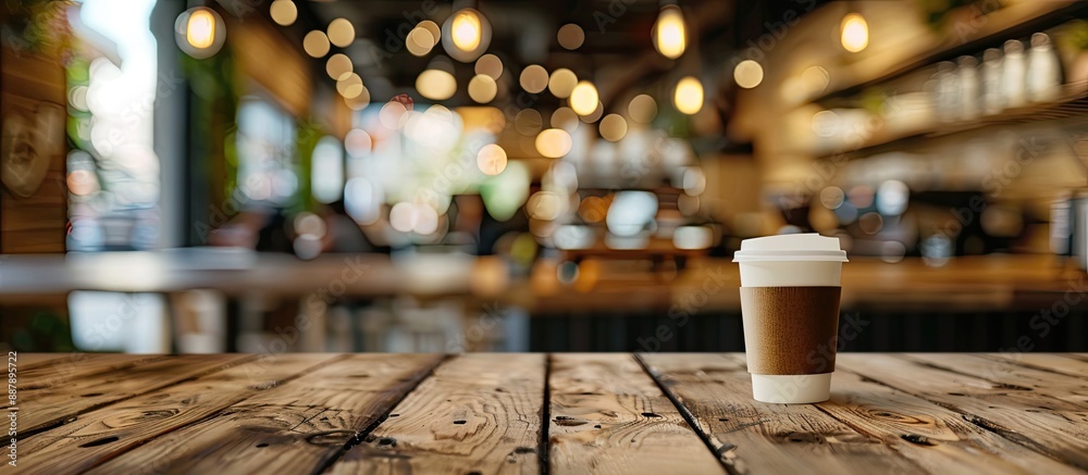 Aufkleber a brown wooden table with a blurry coffee shop background is ideal for product displays or photo edi