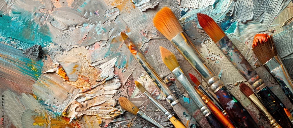 Poster Close up view of various paint brushes on canvas with copy space image available