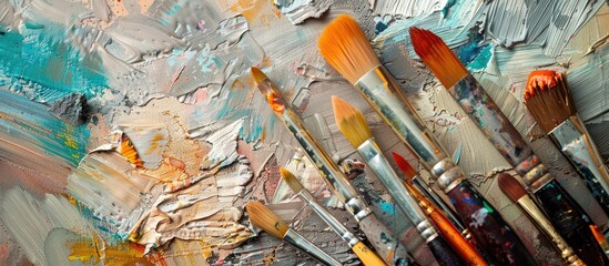 Obraz premium Close up view of various paint brushes on canvas with copy space image available
