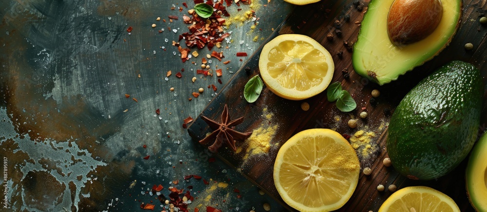 Leinwandbilder a fresh half avocado and lemon on a cutting board with spices creating an appetizing composition wit