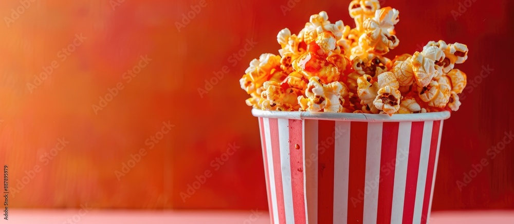 Poster colorful background showcases a paper bucket filled with delicious popcorn chicken and tomato sauce 