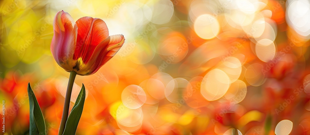 Wall mural A tulip set against a bright tree background perfect for adding text with a copy space image