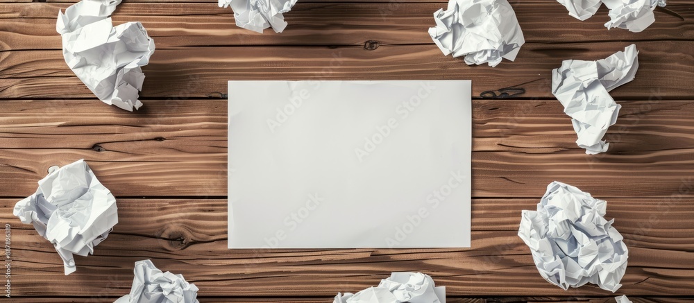 Poster wooden floor with crumpled paper surrounding a white note paper pad providing a copy space image