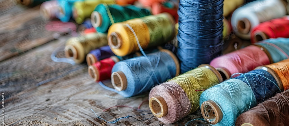 Aufkleber Background with ample copy space image for text or logo alongside spools of sewing thread