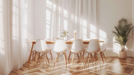 Clean and airy dining room with minimalist style white chairs simple table setting