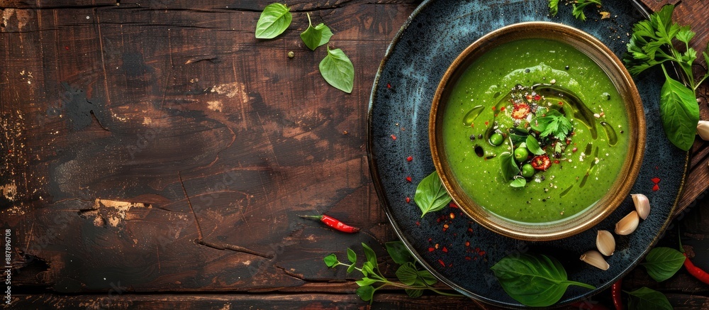 Fototapete Lunch with pea soup served against a rustic backdrop with plenty of copy space image available