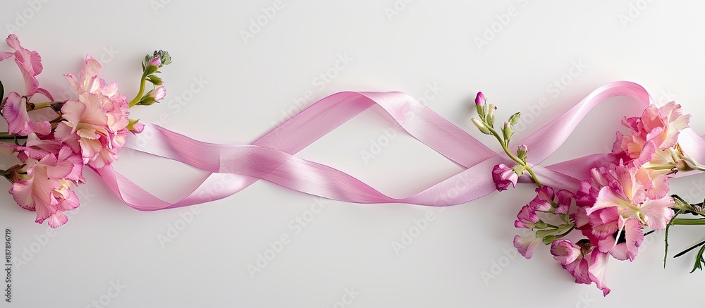 Aufkleber wedding theme captured in a photograph of a delicate pink ribbon adorned with vibrant flowers set ag