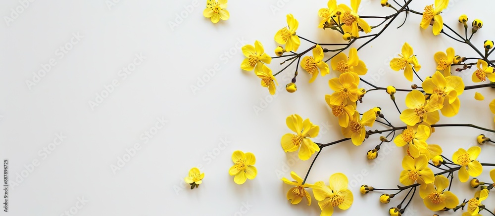 Poster spring holiday concept featuring yellow flowers against a white backdrop suitable for a copy space i