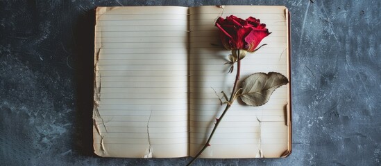 Flat lay composition featuring a dried red rose displayed on the pages of an open notebook with a copyspace image
