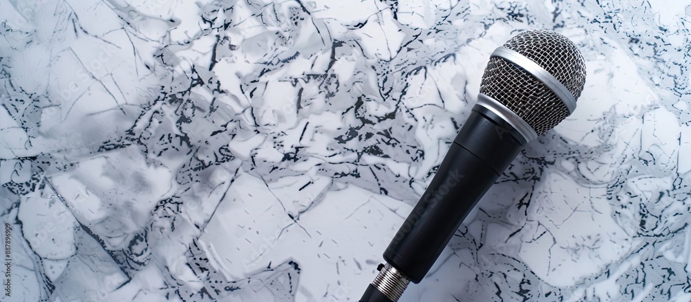 Poster Top view of a contemporary microphone on a marble background with ample copy space image
