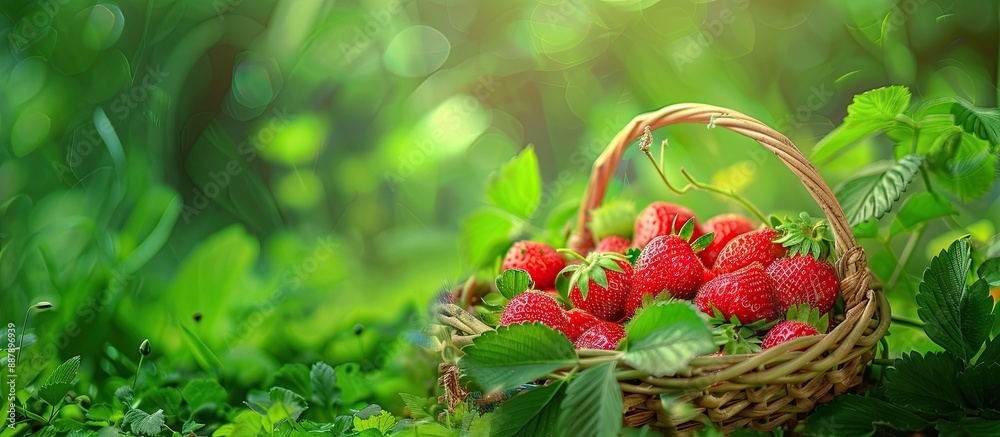 Leinwandbilder An image showing ripe strawberries placed in a basket on a lush green surface against a natural backdrop symbolizing fresh and healthy summer produce. with copy space image