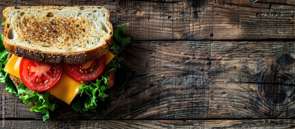Poster A sandwich with tomato lettuce and yellow cheese arranged on a wooden surface for a rustic look with copy space image