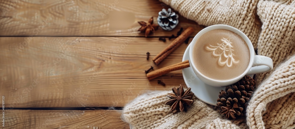 Poster cozy autumn or winter scene with a cup of coffee soft blanket cinnamon pine cones on wooden backdrop
