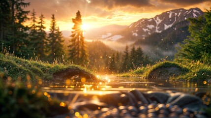 Fototapeta premium Sunset over a mountainous landscape with a stream