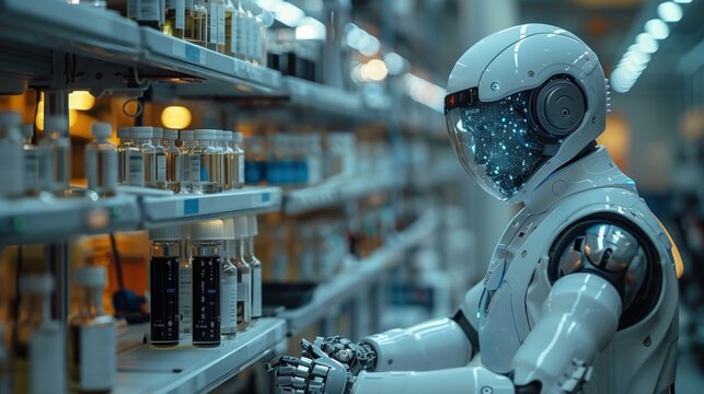 A futuristic robot with a white helmet and metallic arms monitors the inventory on store shelves, showcasing the use of AI in real-time monitoring and analysis.
